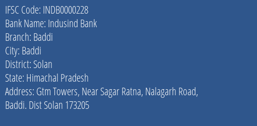 Indusind Bank Baddi Branch, Branch Code 000228 & IFSC Code INDB0000228
