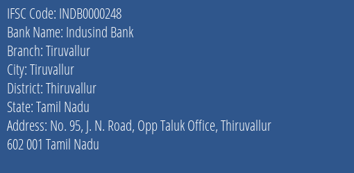 Indusind Bank Tiruvallur Branch, Branch Code 000248 & IFSC Code INDB0000248