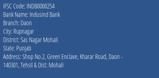 Indusind Bank Daon Branch Sas Nagar Mohali IFSC Code INDB0000254