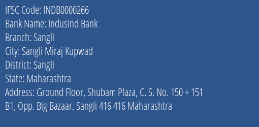 Indusind Bank Sangli Branch, Branch Code 000266 & IFSC Code Indb0000266