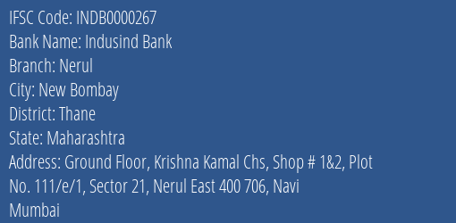 Indusind Bank Nerul Branch, Branch Code 000267 & IFSC Code INDB0000267
