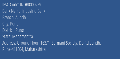 Indusind Bank Aundh Branch Pune IFSC Code INDB0000269