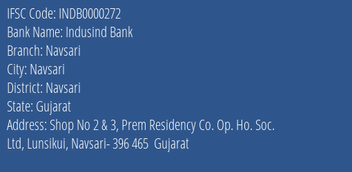 Indusind Bank Navsari Branch Navsari IFSC Code INDB0000272