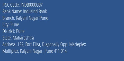 Indusind Bank Kalyani Nagar Pune Branch, Branch Code 000307 & IFSC Code INDB0000307