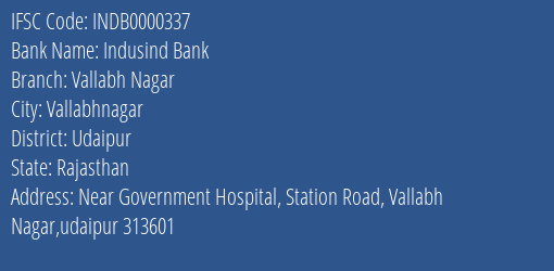 Indusind Bank Vallabh Nagar Branch, Branch Code 000337 & IFSC Code Indb0000337