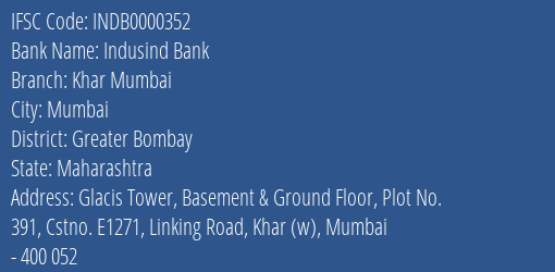 Indusind Bank Khar Mumbai Branch Greater Bombay IFSC Code INDB0000352