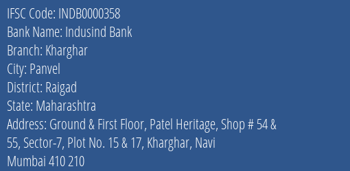 Indusind Bank Kharghar Branch Raigad IFSC Code INDB0000358