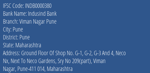 Indusind Bank Viman Nagar Pune Branch, Branch Code 000380 & IFSC Code INDB0000380