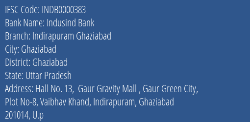 Indusind Bank Indirapuram Ghaziabad Branch Ghaziabad IFSC Code INDB0000383
