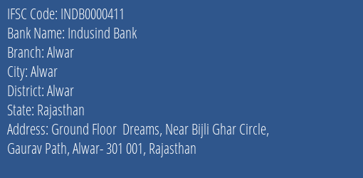 Indusind Bank Alwar Branch Alwar IFSC Code INDB0000411