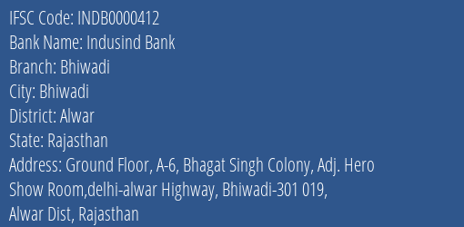 Indusind Bank Bhiwadi Branch Alwar IFSC Code INDB0000412