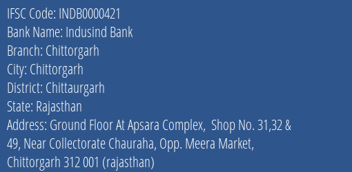 Indusind Bank Chittorgarh Branch Chittaurgarh IFSC Code INDB0000421