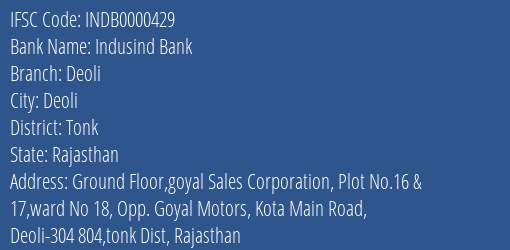 Indusind Bank Deoli Branch Tonk IFSC Code INDB0000429