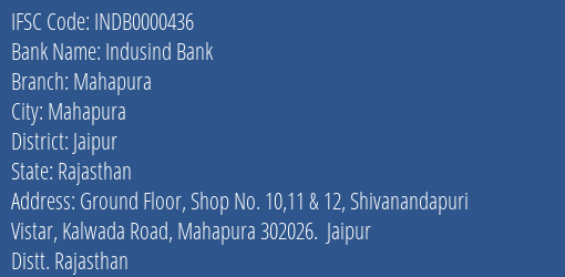 Indusind Bank Mahapura Branch IFSC Code