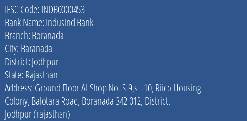 Indusind Bank Boranada Branch, Branch Code 000453 & IFSC Code INDB0000453