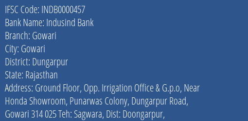 Indusind Bank Gowari Branch Dungarpur IFSC Code INDB0000457