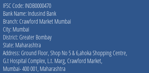Indusind Bank Crawford Market Mumbai Branch Greater Bombay IFSC Code INDB0000470