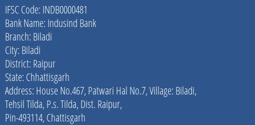 Indusind Bank Biladi Branch IFSC Code