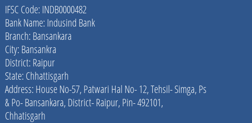 Indusind Bank Bansankara Branch, Branch Code 000482 & IFSC Code INDB0000482