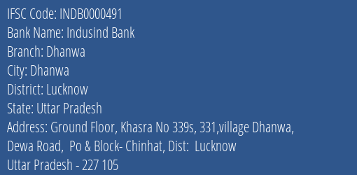 Indusind Bank Dhanwa Branch, Branch Code 000491 & IFSC Code INDB0000491