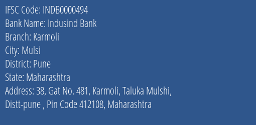Indusind Bank Karmoli Branch Pune IFSC Code INDB0000494