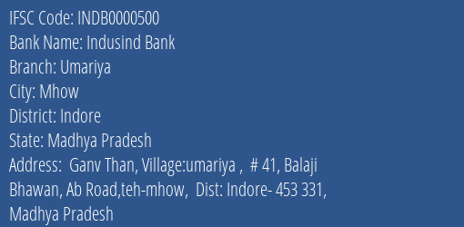 Indusind Bank Umariya Branch, Branch Code 000500 & IFSC Code INDB0000500