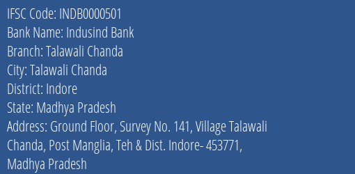 Indusind Bank Talawali Chanda Branch, Branch Code 000501 & IFSC Code INDB0000501