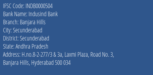Indusind Bank Banjara Hills Branch IFSC Code