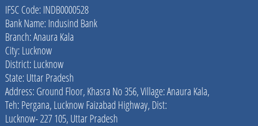 Indusind Bank Anaura Kala Branch, Branch Code 000528 & IFSC Code INDB0000528