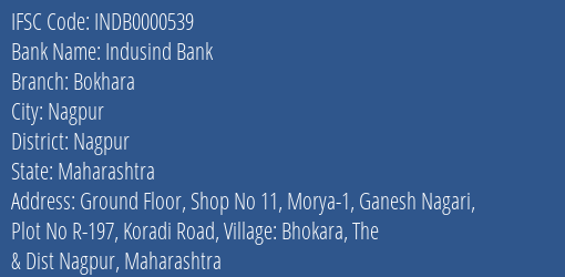 Indusind Bank Bokhara Branch, Branch Code 000539 & IFSC Code INDB0000539