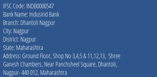 Indusind Bank Dhantoli Nagpur Branch, Branch Code 000547 & IFSC Code INDB0000547
