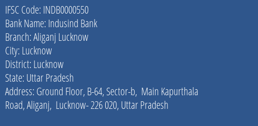 Indusind Bank Aliganj Lucknow Branch IFSC Code