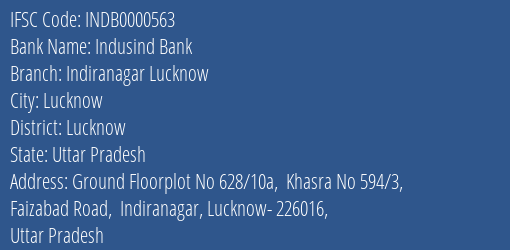 Indusind Bank Indiranagar Lucknow Branch, Branch Code 000563 & IFSC Code INDB0000563