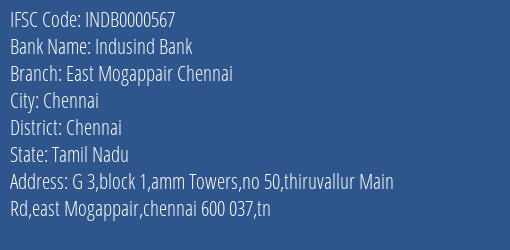 Indusind Bank East Mogappair Chennai Branch, Branch Code 000567 & IFSC Code INDB0000567