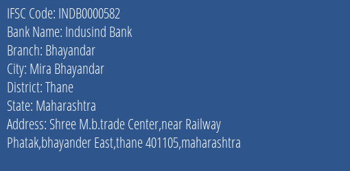 Indusind Bank Bhayandar Branch Thane IFSC Code INDB0000582