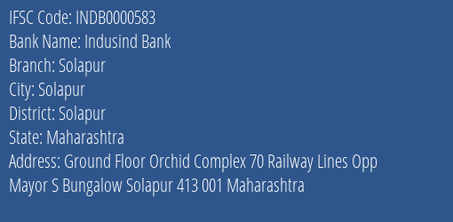 Indusind Bank Solapur Branch, Branch Code 000583 & IFSC Code INDB0000583
