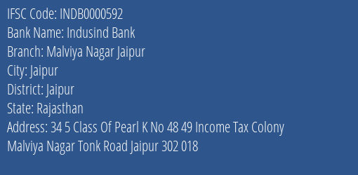 Indusind Bank Malviya Nagar Jaipur Branch, Branch Code 000592 & IFSC Code INDB0000592