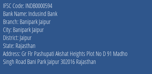 Indusind Bank Banipark Jaipur Branch, Branch Code 000594 & IFSC Code INDB0000594