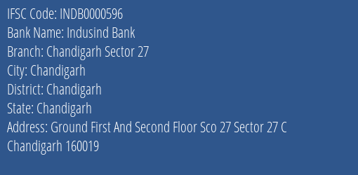 Indusind Bank Chandigarh Sector 27 Branch, Branch Code 000596 & IFSC Code INDB0000596