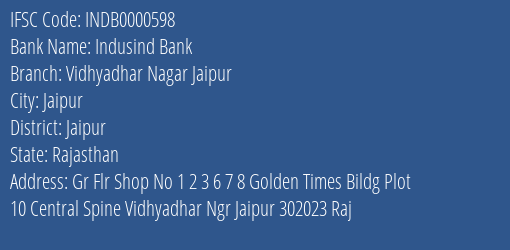Indusind Bank Vidhyadhar Nagar Jaipur Branch IFSC Code