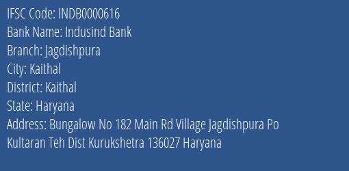 Indusind Bank Jagdishpura Branch, Branch Code 000616 & IFSC Code INDB0000616