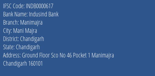 Indusind Bank Manimajra Branch, Branch Code 000617 & IFSC Code INDB0000617