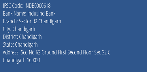 Indusind Bank Sector 32 Chandigarh Branch, Branch Code 000618 & IFSC Code INDB0000618