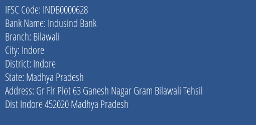 Indusind Bank Bilawali Branch, Branch Code 000628 & IFSC Code INDB0000628