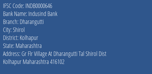 Indusind Bank Dharangutti Branch, Branch Code 000646 & IFSC Code Indb0000646
