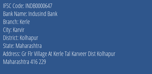 Indusind Bank Kerle Branch Kolhapur IFSC Code INDB0000647