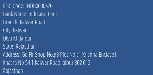 Indusind Bank Kalwar Road Branch, Branch Code 000670 & IFSC Code INDB0000670