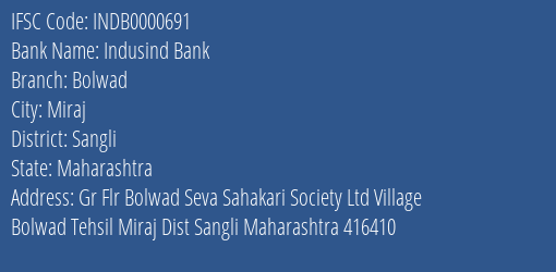 Indusind Bank Bolwad Branch Sangli IFSC Code INDB0000691