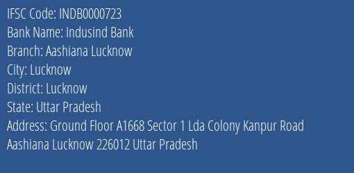 Indusind Bank Aashiana Lucknow Branch, Branch Code 000723 & IFSC Code INDB0000723