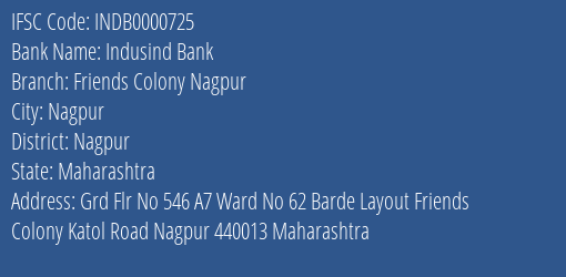 Indusind Bank Friends Colony Nagpur Branch, Branch Code 000725 & IFSC Code INDB0000725